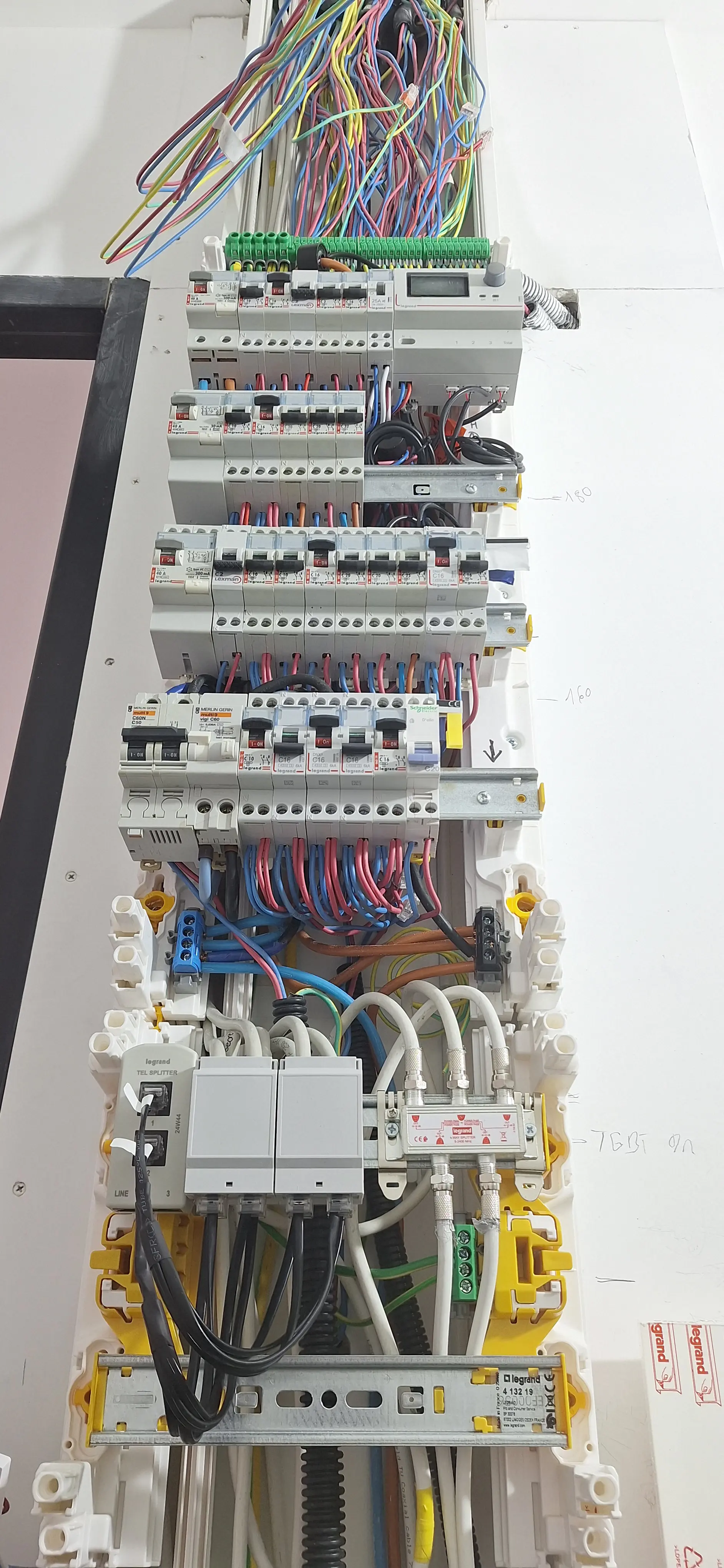 Tableau électrique Legrand finalisé avec splitters TV et téléphone — réalisation Tonelec à Carpentras